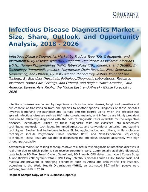 Infectious Disease Diagnostics Market to Surpass US$ 25.7 Billion Threshold by 2026 Globally