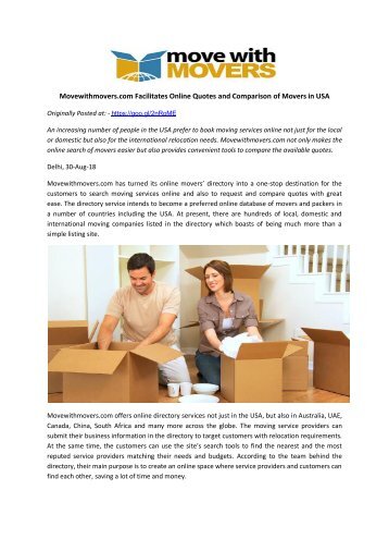 Movewithmovers.com Facilitates Online Quotes and Comparison of Movers in USA