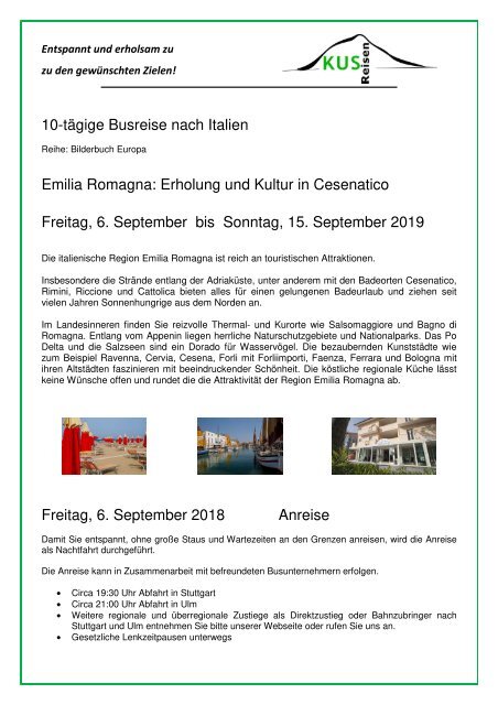 Italien - Emilia Romagna - Cesenatico - 10 Tage Busreise - 6. bis 15. September 2019 - KUS Reisen 73107 Eschenbach und 73035 Goeppingen