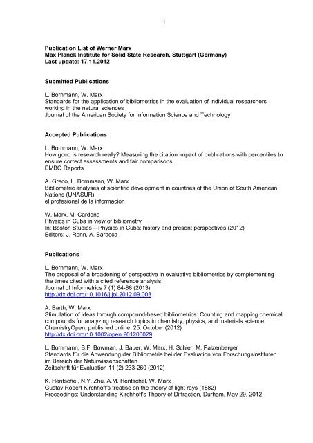 1 Publication List of Werner Marx Max Planck Institute for Solid State ...