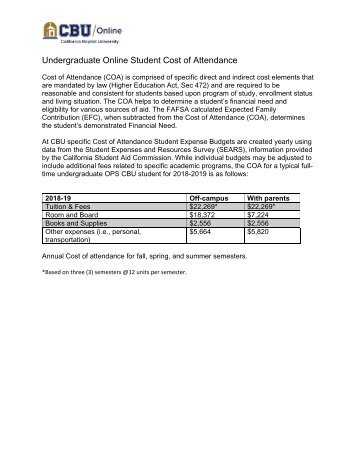 Undergraduate Online Student Cost of Attendance 18-19