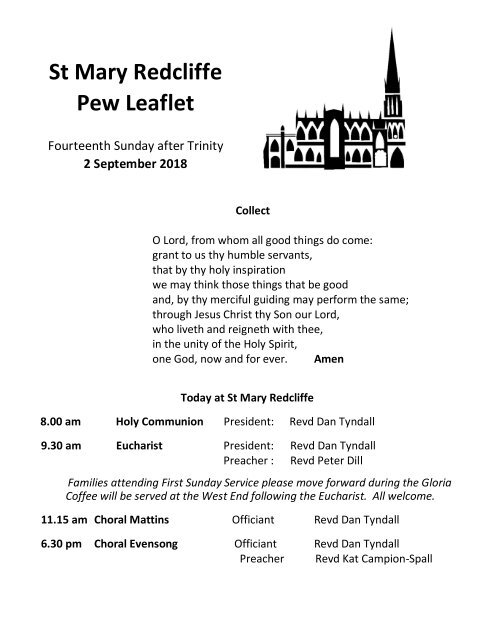 St Mary Redcliffe Church Pew Leaflet - September 2 2018