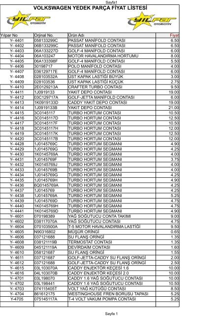 VW.YEDEK PARÇA FİYAT LİSTESİ