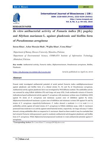 In vitro antibacterial activity of Fumaria indica (H.) pugsley and Silybum marianum L. against planktonic and biofilm form of Pseudomonas aeruginosa