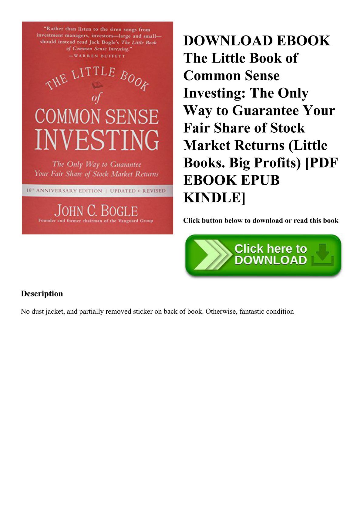 The Little Book of Common Sense Investing: The Only Way to Guarantee Your  Fair Share of Stock Market Returns (Little Books, Big Profits)