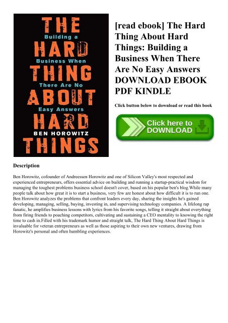 [read ebook] The Hard Thing About Hard Things Building a Business When There Are No Easy Answers DOWNLOAD EBOOK PDF KINDLE