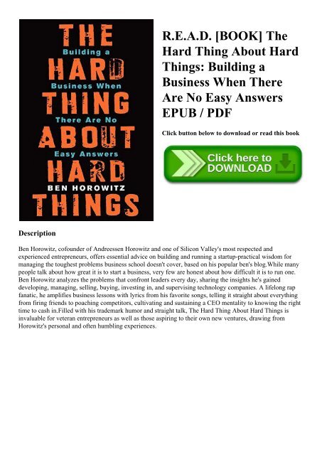 R.E.A.D. [BOOK] The Hard Thing About Hard Things Building a Business When There Are No Easy Answers EPUB  PDF