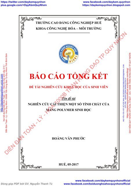 ĐỀ TÀI NGHIÊN CỨU KHOA HỌC CỦA SINH VIÊN - NGHIÊN CỨU CẢI THIỆN MỘT SỐ TÍNH CHẤT CỦA MÀNG POLYMER SINH HỌC (2017)