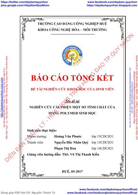 ĐỀ TÀI NGHIÊN CỨU KHOA HỌC CỦA SINH VIÊN - NGHIÊN CỨU CẢI THIỆN MỘT SỐ TÍNH CHẤT CỦA MÀNG POLYMER SINH HỌC (2017)