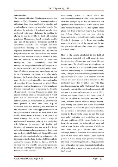 Evaluation of yield, some growth features, economic index and competitive indices of Cumin (Cuminum cyminum) and Chickpea (Cicer arietinum) in delayed intercropping