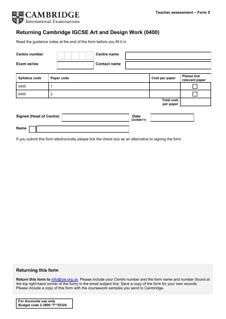 Returning Cambridge IGCSE Art and Design Work (0400)