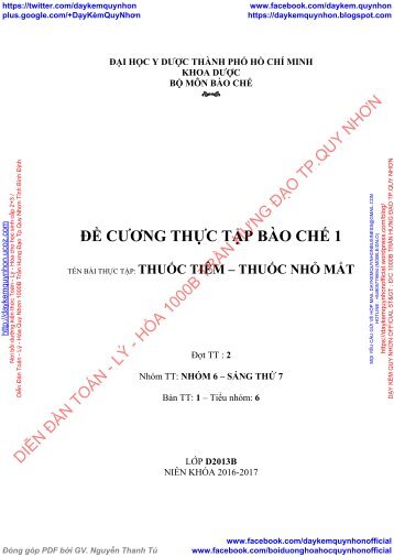 ĐỀ CƯƠNG THỰC TẬP BÀO CHẾ 1 THUỐC TIÊM - THUỐC NHỎ MẮT - SIRO THUỐC