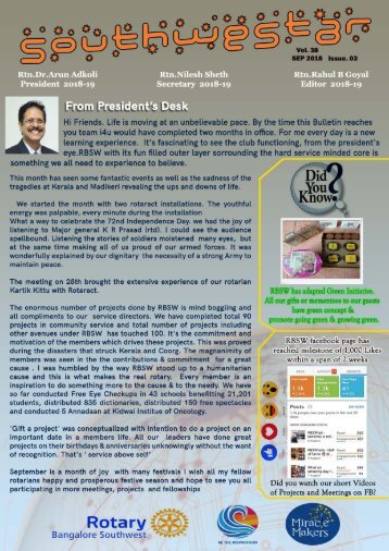 Rotary Bangalore Southwest - Bulletin for Sep '18