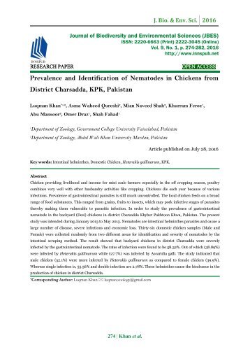 Prevalence and Identification of Nematodes in Chickens from District Charsadda, KPK, Pakistan