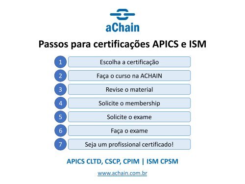 Certificações APICS e ISM! CPIM, CLTD, CSCP, CPSM, CDFP, CS&OP, PPCP, CPMO: www.achain.com.br 
