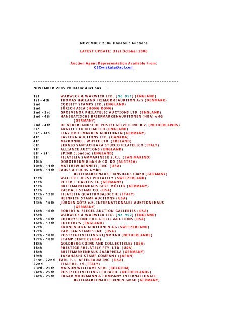 NOVEMBER 2006 Philatelic Auctions LATEST UPDATE: 31st - Japhila