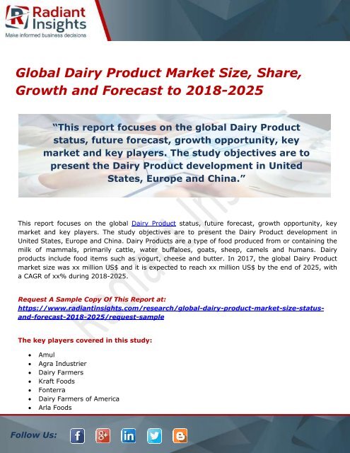 Global Dairy Product Market Size, Share, Growth and Forecast to 2018-2025 