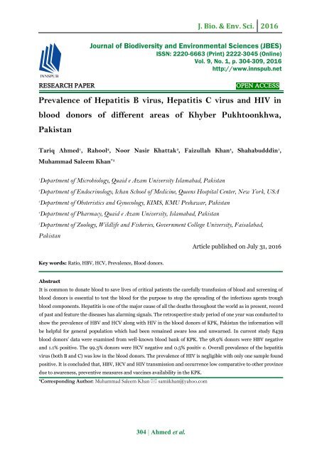 Prevalence of Hepatitis B virus, Hepatitis C virus and HIV in blood ...
