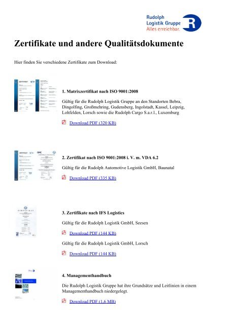 Zertifikate und andere Qualitätsdokumente - Rudolph Logistik Gruppe