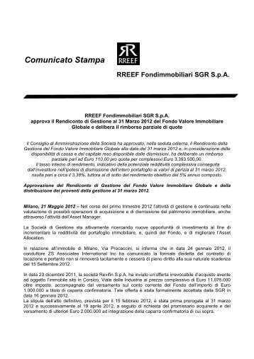 Comunicato Stampa RREEF Fondimmobiliari SGR SpA