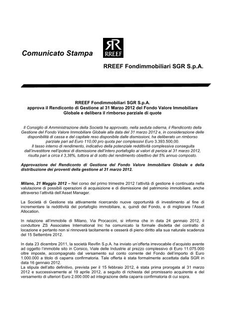 Comunicato Stampa RREEF Fondimmobiliari SGR SpA