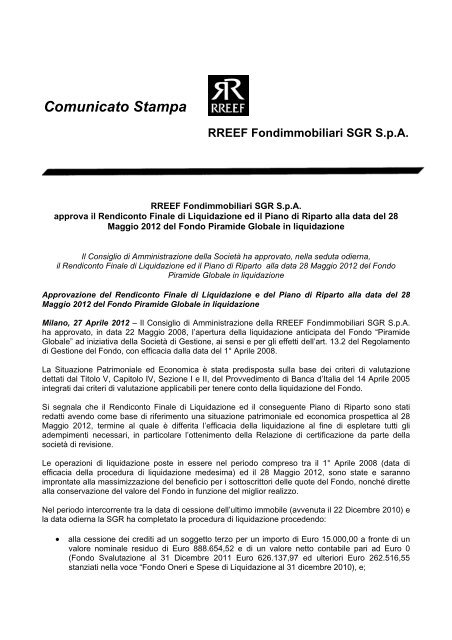 Comunicato Stampa RREEF Fondimmobiliari SGR SpA