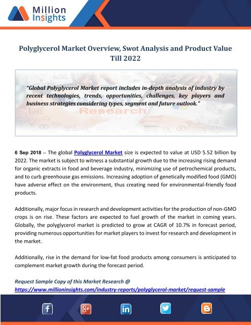 Polyglycerol Market Overview, Swot Analysis and Product Value Till 2022