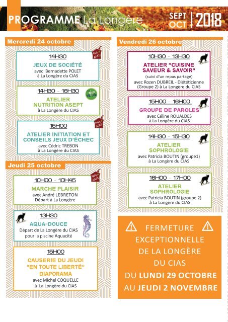 Programme de La Longère Septembre / Octobre 2018