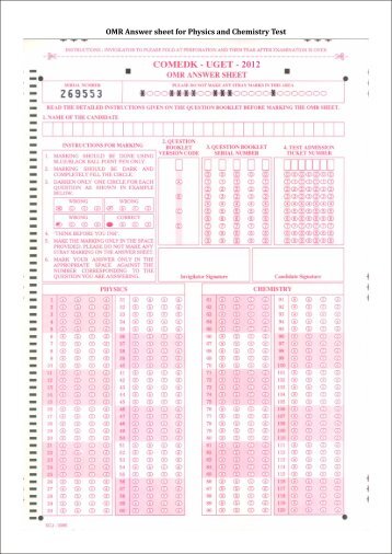 OMR Answer sheet for Physics and Chemistry Test - COMEDK