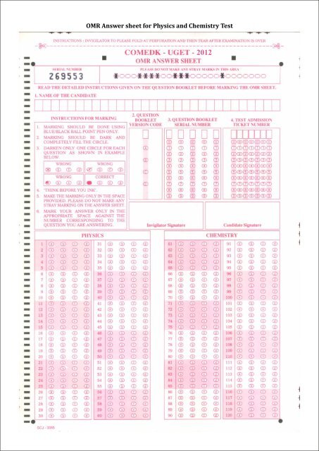 Lithocode OMR Answer sheet for Physics and Chemistry Test - COMEDK