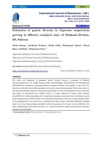 Estimation of genetic diversity in Cupressus sempervirens growing in different ecological zones of Malakand Division, KP, Pakistan