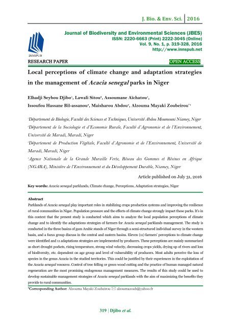 Local perceptions of climate change and adaptation strategies in the management of Acacia senegal parks in Niger