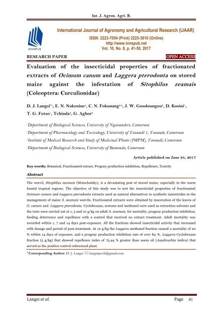 Evaluation of the insecticidal properties of fractionated extracts of Ocimum canum and Laggera pterodonta on stored maize against the infestation of Sitophilus zeamais (Coleoptera: Curculionidae)