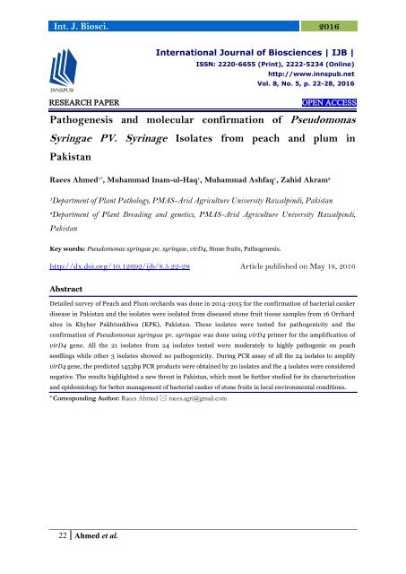 Pathogenesis and molecular confirmation of Pseudomonas Syringae PV. Syrinage Isolates from peach and plum in Pakistan