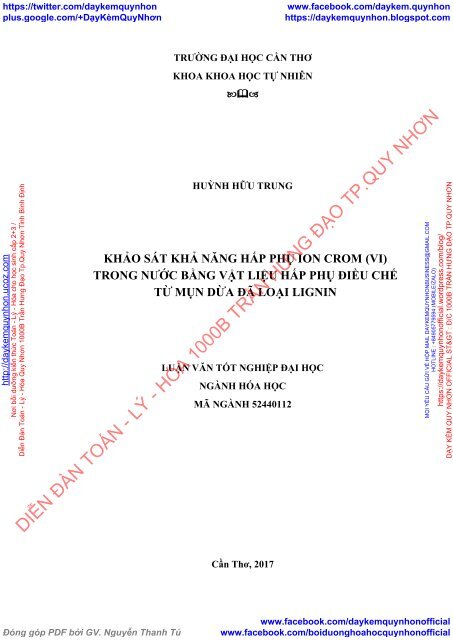 Khảo sát khả năng hấp phụ ion Crom (VI) trong nước bằng vật liệu hấp phụ điều chế từ mụn dừa đã loại lignin (2017)