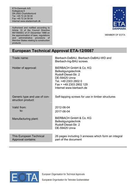 European Technical Approval ETA-12/0087 - ETA-Danmark