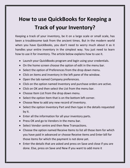 How to use Quickbooks for Keeping a Track of your Inventory?