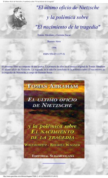 Abraham,T & Sucar,G - El último oficio de Nietzsche y la polémica sobre El nacimiento de la tragedia
