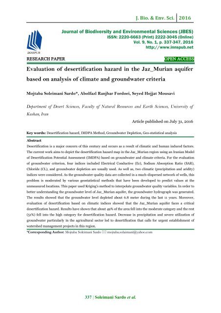 Evaluation of desertification hazard in the Jaz_Murian aquifer based on analysis of climate and groundwater criteria