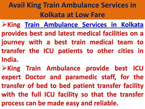 Avail King Train Ambulance Services in Kolkata at Low Fare