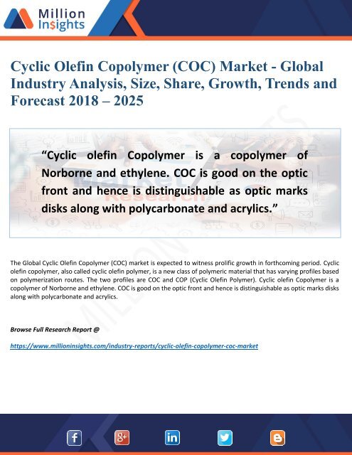 Cyclic Olefin Copolymer (COC) Market - Global Industry Analysis, Size, Share, Growth, Trends and Forecast 2018 – 2025