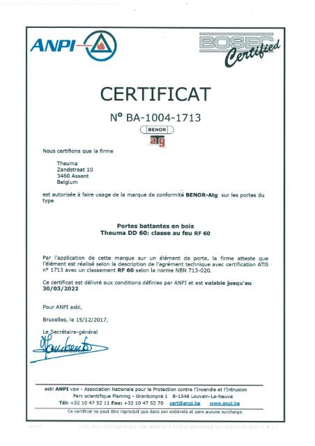 Certificat Benor/ATG1713 portes battantes RF 60 Francais