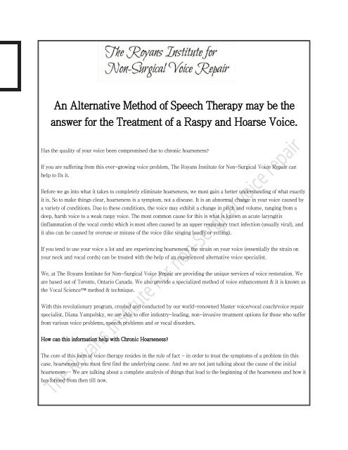 An Alternative Method of Speech Therapy may be the answer for the ...