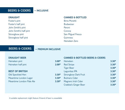 Marella Cruises Bar Menu