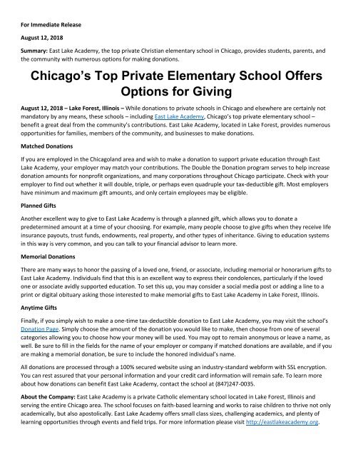 Chicago’s Top Private Elementary School Offers Options for Giving