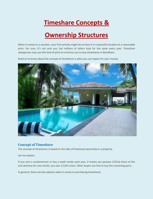 Timeshare Concepts &amp; Ownership Structures