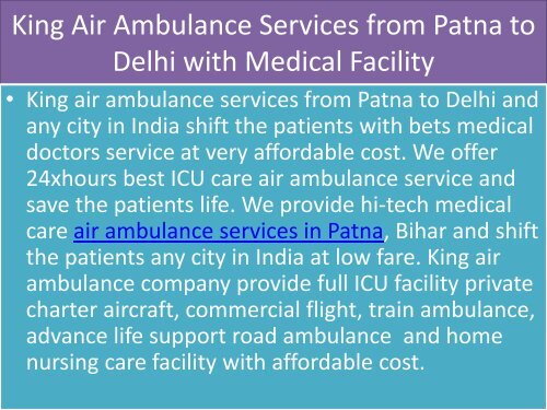 King  Air Ambulance Services in Kolkata and Patna