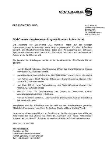 Süd-Chemie Hauptversammlung wählt neuen Aufsichtsrat - Clariant
