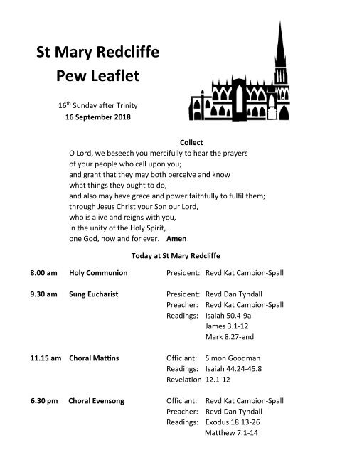 St Mary Redcliffe Church Pew Leaflet - September 16 2018 