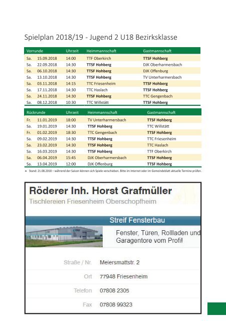 Saisonheft TTSF Hohberg (2018 / 2019)